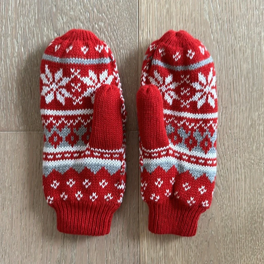 Red White Grey Fair Isle Mittens Gloves